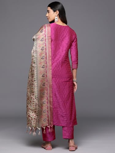 Image of Varanga Women Embroidered Straight Kurta Pant Set with Dupatta | Silk Blend Fabric | 3 /4 Sleeve Round Neck | Lightweight Comfortable Summer Wear
