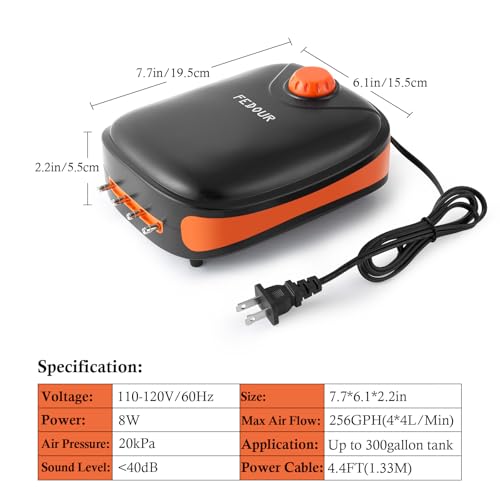 FEDOUR 4W/5W/8W Aquarium Corded Electric Air Pump, 96GPH/160GPH/256GPH Dual Outlets 4 Outlets Oxygen Pump, Ultra Quiet Aquarium Bubbler for up to 300 Gallon Fish and Turtle Tank (4 Outlets-8W)