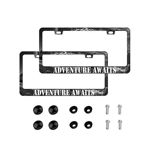 EXMENI Adventure Awaits License Plate Frame - American Mountains Vanity Car Tag Frames Aluminum Auto Tags Cover 2PC