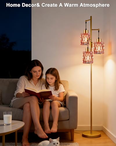 Image of Lightdot 67 inch 3-Light Glass Floor Lamp for Living Room, Dimmable with Deep Red Glass Shade & E12 Bulbs Included, Mid Century Standing Tall Lamp with 5Lbs Heavy Base for Bedroom /Sofa Beside - Gold