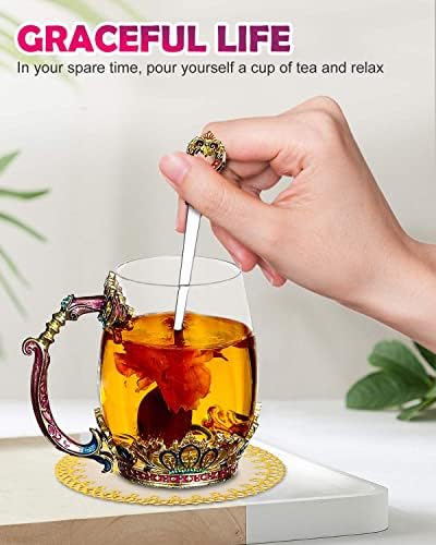 MOXTOYU Enamel Flower Tea Cup, Glass Flower Mug with Spoon Coaster Rag, Coffee Glass Mug Suitable for Hot and Cold Drink,Birthday Christmas Anniversary Good Gift for Her Women Mum (350ml Purple Crown)