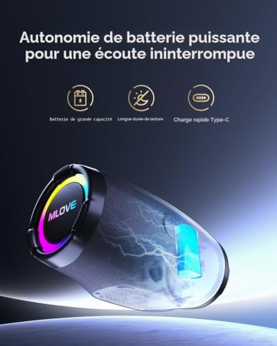 MLOVE E90 Puissant Enceinte Bluetooth 80W avec lumières RGB, étanche IP65, TWS et Son stéréo pour Les fêtes en Plein air, Modes de Jeu Multiples – vue 5