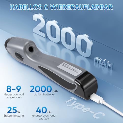 Kabellose Heißklebepistole mit Akku - 6S Schnellvorheizen & Automatischer Tropfschutz, Inkl. 6 Farbigen Bastel-Heißklebestiften (185mm) für Handwerk und Dekoration