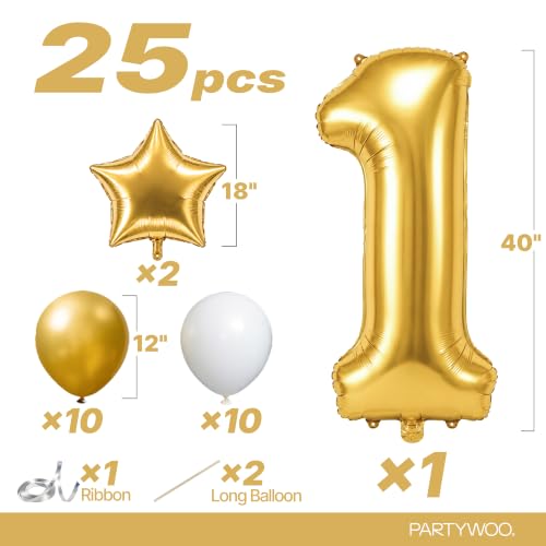 Image of PartyWoo Metallic Gold Number 1 Balloon 40 Inch 25pcs Gold Foil Star White