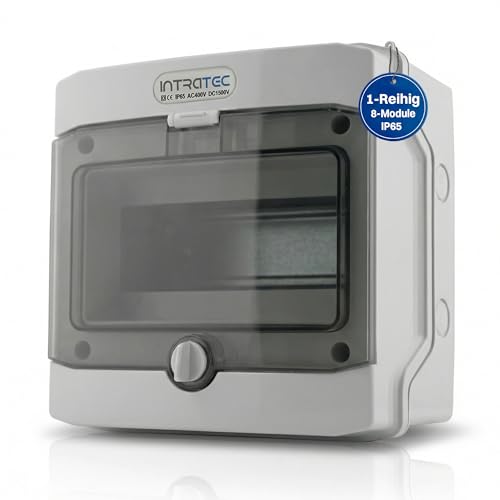 Intratec Verteilerkasten Aufputz 1 reihig – IP65 Sicherungskasten für 8 Module – Feuchtraum Verteiler für Garten, Keller, Garage & Außenbereich – 400VAC 1500VDC Kleinverteiler, 202 x 201 x 120 mm