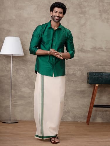 Image of RAMRAJ COTTON Men Parsley Green Silk Cotton Full Sleeves Shirt With Matching Border Tissue Dhoti Set CCB Fortune-SMC3