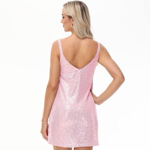 Image of Women's Summer Sleeveless Mini Dress Deep V-Neck Glitter Sequin Dress Sexy Short Dress