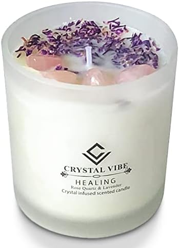 Crystal Vibe Vela de cristal curativo con cristales de cuarzo rosa y pétalos de lavanda, vela perfumada de cera de soja natural para meditación de