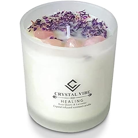 Crystal Vibe Healing Crystal Candle with Rose Quartz Crystals and Lavender Petals - Natural Soy Wax Lavender Scented Candle for Aromatherapy Meditation - Birthday Christmas Gifts for Women Cover