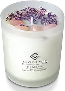 Crystal Vibe Healing Crystal Candle with Rose Quartz Crystals and Lavender Petals - Natural Soy Wax Lavender Scented Candle for Aromatherapy Meditation - Birthday Christmas Gifts for Women