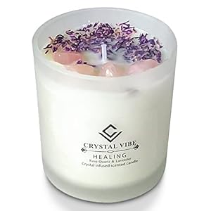 Healing Crystal Candle – Lavender Scented Healing Candles with Rose Quartz Crystals – Meditation Candle with Crystals Inside for Aromatherapy Manifestation