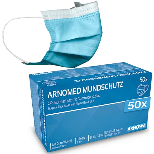 ARNOMED 50x Medizinische Mundschutzmaske Blau, CE Zertifizierte Op Maske, Medical Face Mask, Schutzmaske Mund & Nase, Einwegmasken, Chirugischer Mundschutz, Klinische Gesichtsmasken