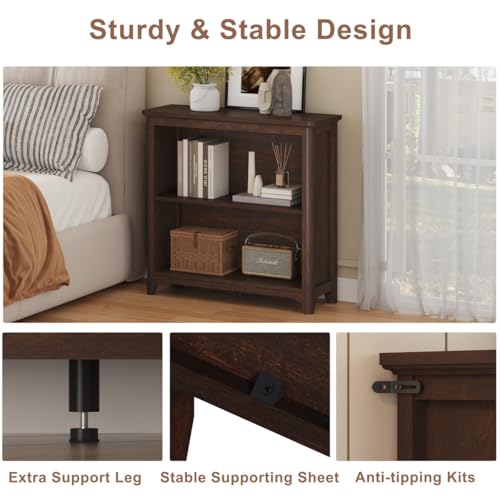 BON AUGURE Wooden Bookshelf Bookcase, 2-Tier Compact Wood Book Shelf with Adjustable Display Storage Shelves, Floor Standing Book Case for Living Room, Office, Brown Cherry
