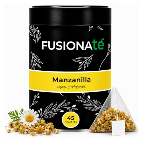 FUSIONATE Manzanilla 100% Natural, Infusión Relajante y Digestiva, Lata de 45 pirámides Bolsitas de Té