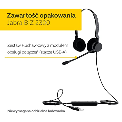 Jabra Biz 2300 USB-A MS On-Ear Stereo Headset – słuchawki przewodowe z certyfikatem Skype for Business z redukcją szumów i jednostką obsługową do softphonów i telefonów biurkowych, kolor czarny