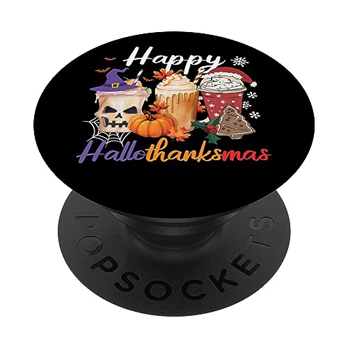 Coffee Latte Happy Hallothanksmas Halloween Thanksgiving PopSockets Swappable PopGrip, Black