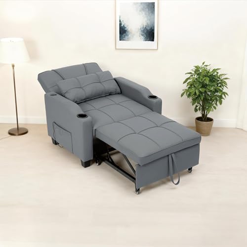 4 in 1 Convertible Sleeper Chair Bed with Vibration Massage Lumbar Pillow, Single Sofa Recliner Featuring USB/Type-C Port, Cup Holders & Side Pocket, Space-Saving Pull Out Bed for Small Spaces, Grey by EliteEdge - Used condition - US$205.68