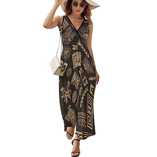 Robe à volants pour femmes Robe sans manches à motif aztèque Robe à col en V, multicolore 1, M