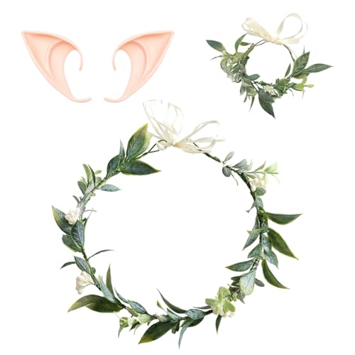 1 Couronne De Fleurs Vertes, 1 Bracelet De Fleurs Vertes Et 1 Paire D'Oreilles D'Elfe, Guirlandes De Feuilles, Remuer De Fleur, Accessoires De Cheveux Pour Filles.