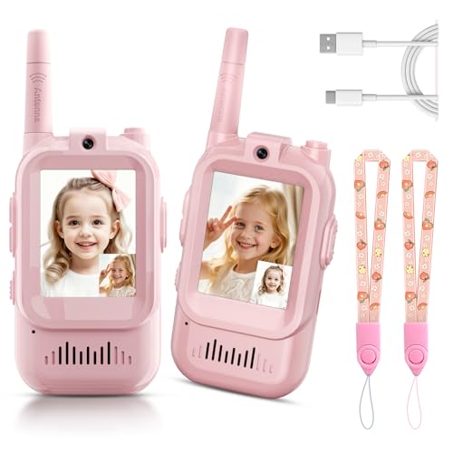 Video Walkie Talkies for Kids, Handheld 2 Pack Rechargeable Video Intercom Kids Walkies Talkies, Indoor Outdoor Toys for Family Games, Outside, Camping, Hiking for Boys Girls Ages 3-12 (Pink/Pink)