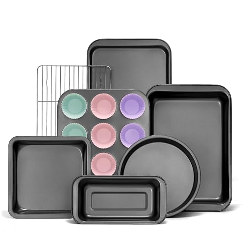 KITESSENSU Compact Baking Pans Sets, Nonstick Bakeware Sets 19-Piece with Round/Square Cake Pan, Loaf Pan, Muffin Pan, Cookie Sheet, Roast Pan, Cooling Rack, Carbon Steel Bake Set