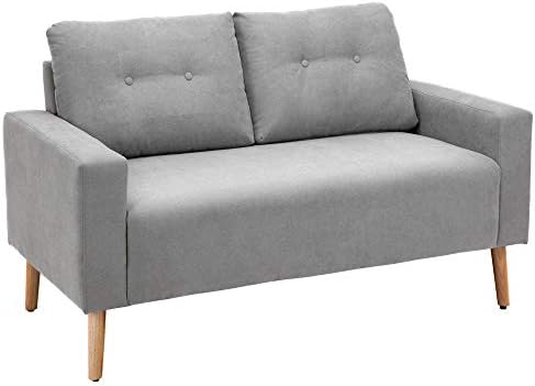 HOMCOM Sofá de 2 Plazas Sillón Moderno Tapizado en Poliéster con 2 Cojines Reposabrazos y Patas de Madera de Caucho para Dormitorio Oficina 145x76x88 cm Gris