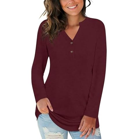Netsmile Womens Long Sleeve Tunic Tops Henley Shirt V-Neck Button Down Blouse Casual Pleated Basic Pullover, 2XL, Wine Red Cover