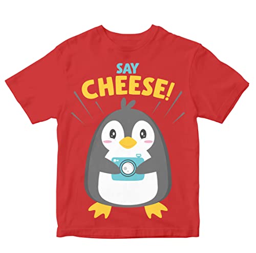 Image of Kids T-Shirt Say Cheese Penguin with Camera 100% Cotton Boy's Girl's Regular Fit Unisex T-Shirt
