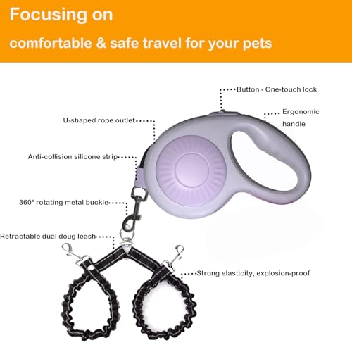 Double Dog Leash for Walking 2 Small Dogs (Up to 33 Lbs Each), Dual Retractable 9.8ft Extendable Strong Nylon Tape Pet Leash with Poop Bags, One-Handed Brake, Pause, Lock (Purple) by FEGCZP - Used condition - Image 3