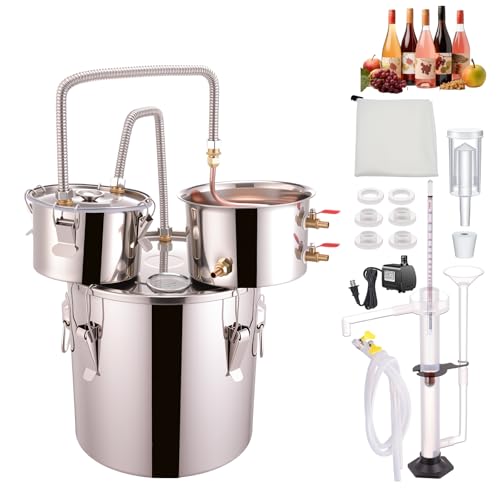 Shine Still 5 GAL 3 Pots Distillery Kit Stainless Steel Copper Tube Complete with Thumper Water Pump Metal Thermometer Airlock Brew Bag Proof Parrot Alcoholmeter Test Kit for Whiskey, Brandy etc.