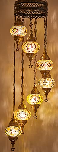 Demmex Turkish Moroccan Mosaic Hardwired Or Swag Plug In Chandelier Light Ceiling Hanging Lamp Pendant Fixture (7 X 4.5 Globes - Hard-Wired) #TOP4