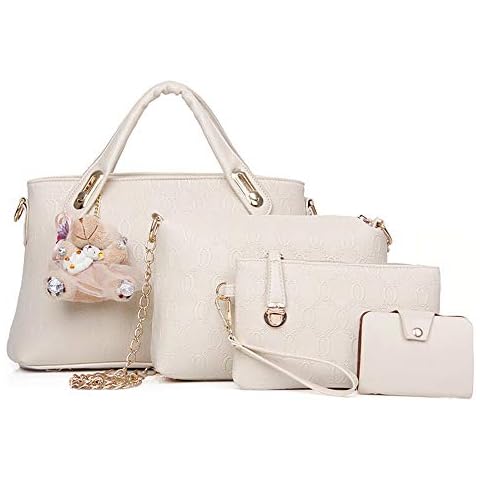 Sipobuy Women 4Pcs Top Handle Satchel Hobo PU Leather Handbag Set Large Tote + Purse + Shoulder Bag + Card Holder Brown (White) Cover