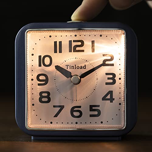 Tinload Small Battery Operated Analog Travel Alarm Clock Silent No Ticking, Lighted On Demand And Snooze, Ascending Beep Sounds, Gentle Wake,Blue #TOP5