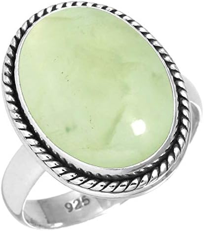 JEWELOPORIUM Green Prehnite Silver Ring Size 11, 925 Sterling Silver Ring for Women, Genuine Chunky Oval Stone Boho Jewelry
