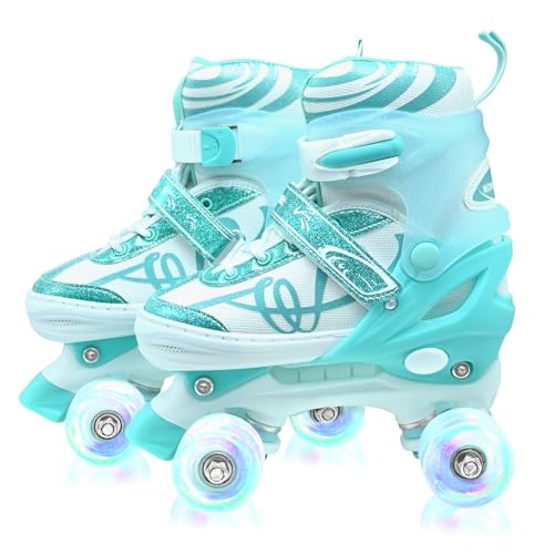 Roller Skates for Kids, Adjustable Quad Skates for Girls and Boys Ages 8-12 with Light Up Wheels, Children Beginners Rollerskates Green Size 1 2 3 4 for Indoor Outdoor