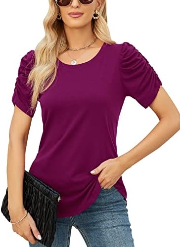 Ivicoer Puffy Sleeves Blouse for Women Summer Scoop Neck Short Sleeve Tops Work Shirts Dressy Casual (Fuchsia, L)