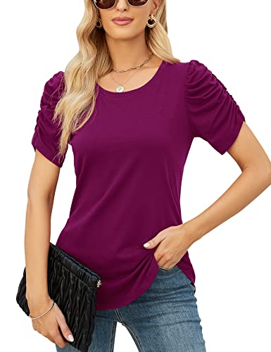 Ivicoer Puffy Sleeves Blouse For Women Summer Scoop Neck Short Sleeve Tops Work Shirts Dressy Casual (Fuchsia, L) #TOP6