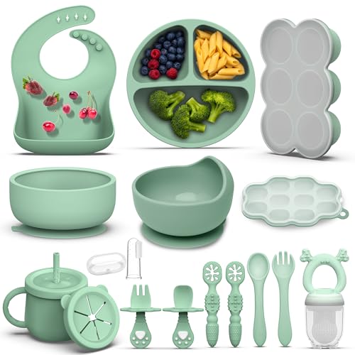 Conjunto de 16 unidades de silicone para alimentação de bebê, sem BPA, suprimentos de desmame LED para bebês, inclui pratos de sucção, tigelas de bebê, garfo e colher de silicone, utensílios de