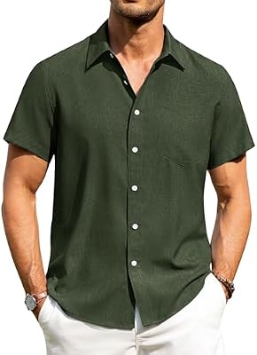 Alimens & Gentle Mens Linen Shirts Short Sleeve Button Down Shirts Wrinkle Free Casual Vacation Beac...