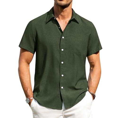 Alimens & Gentle Mens Linen Shirts Short Sleeve Button Down Shirts Wrinkle Free Casual Vacation Beach Summer Tops