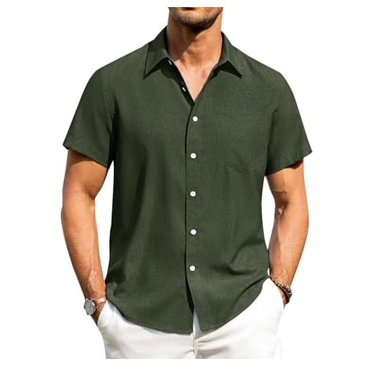 Alimens & Gentle Mens Linen Shirts Short Sleeve Button Down Shirts Wrinkle Free Casual Vacation Beach Summer Tops,Olive Green,L