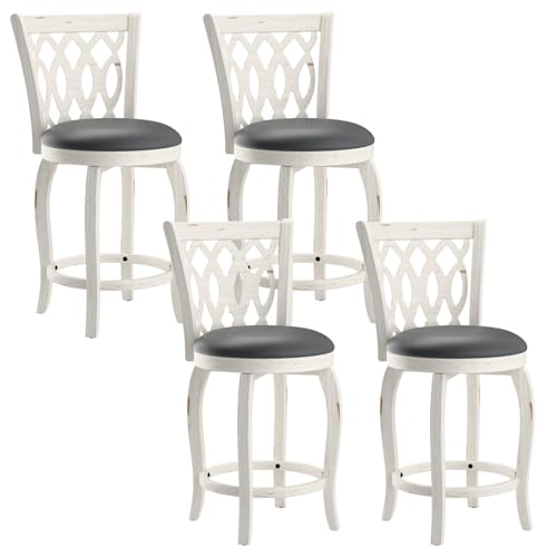Butacos giratorios de barra MU de 24 pulgadas, juego de 4, estilo rústico, con asiento tapizado en cuero sintético y reposapiés de madera, para isla de cocina y pub, color blanco miniatura 1