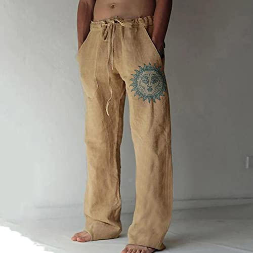 Linen Pants Men,Mens Pants Mens Casual Linen Cotton Pants Elastic Waist Loose Fit Straight-Legs Drawstring Summer Beach Yoga Long Trousers Men's Pants Mens White Ivory Linen Stretch Pants Men Khaki,M #TOP1