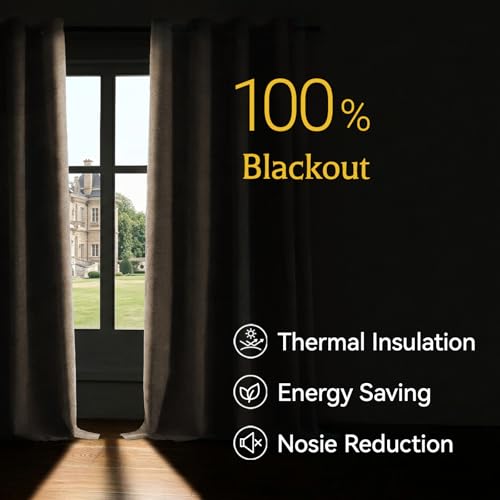 Image of 100% Blackout Curtains for Bedroom, Luxury Chenille Thermal Insulated Drapes for Living Room, Energy Saving Room Darkening 96 Inch Long Curtains, Grommet Top, 2 Panels, 52 inch W x 96 inch L, Brown