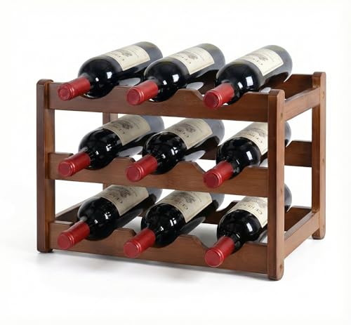 Lista de Producción de vino los 10 mejores. 17 Cava de Vino y Porta Botellas de Madera para 9 Botellas, Estante de 3 Niveles Compacto para Encimera de Cocina, Bar y Cava de Vino, Botellero de Bambú Natural con Diseño...