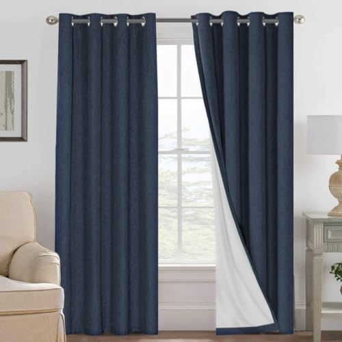 H.VERSAILTEX 100% Blackout Linen Curtains 90" L 2 Panels Navy