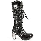 New Rock TR004-S1 Damen Schwarz Leder Schnalle Spitze Knie Hoch Reißverschluss Stiefel 40