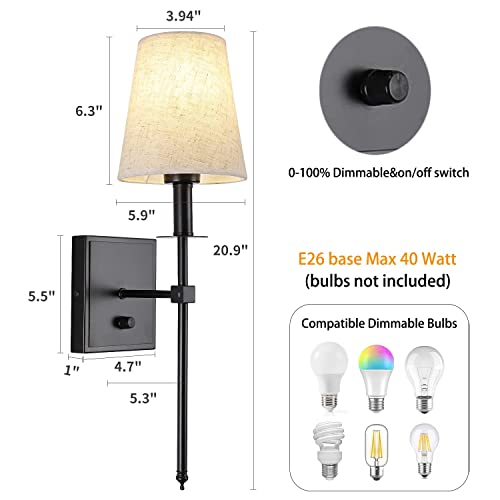 Rizzyluz Dimmable Wall Sconce Lighting, Black Vanity Light For Bathroom With On/Off Switch, Modern Industrial Wall Mount Lights With Linen Fabric Shade #TOP2