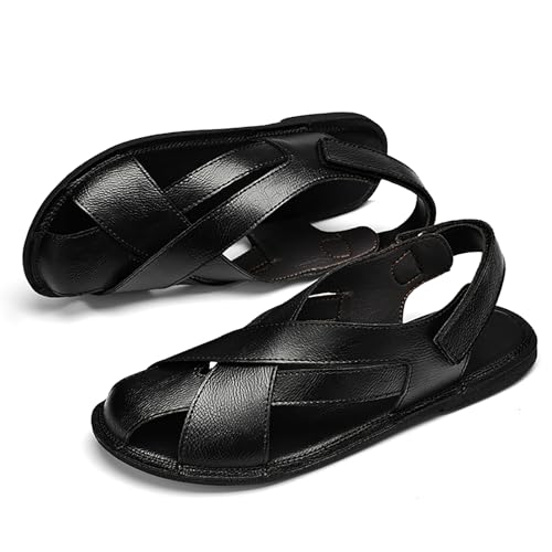 Image of Men's Genuine Leather Hook Loop Fisherman Sandals Hollow Out Breathable Lightweight Slip On Closed Toe Summer Casual Flat Sandals for Driving Walking Beach Shoes
