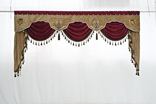 Newwpkira European Brown Burgundy Waterfall Valances For Windows Swag Waterfall Valance With Tassel European Chenille Curtain Valance For Living Room 1 Panel #TOP2